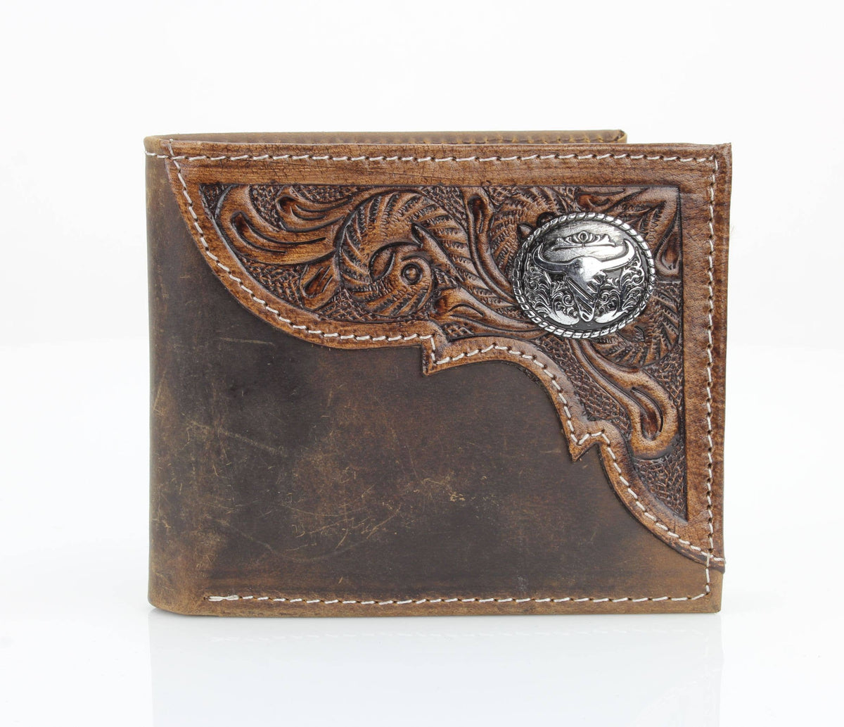 Leather Impressions Inc -  Oil Pull Up Bifold Wallet Long Horn Concho ABW028LGNHRN - Brown