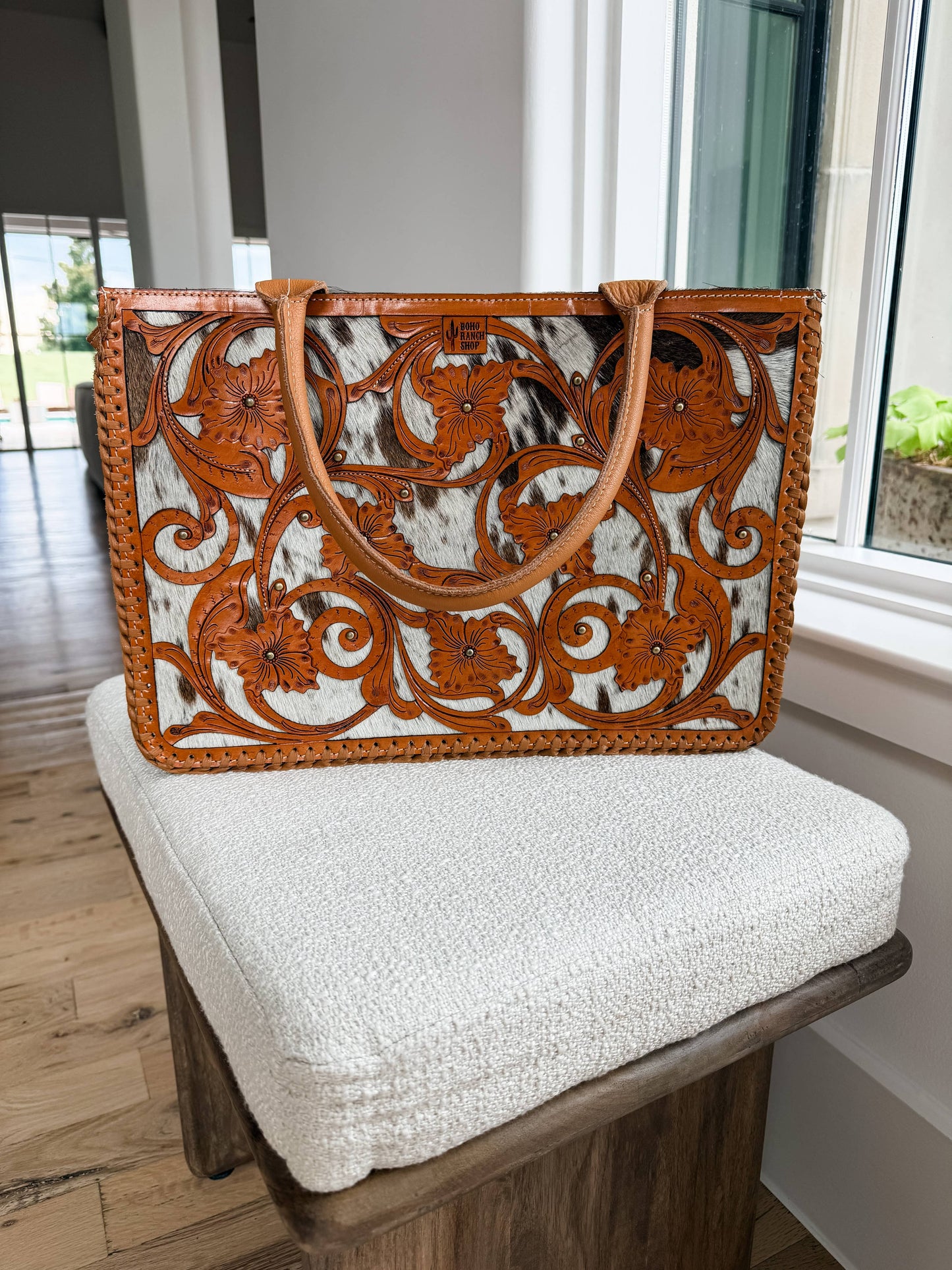 Boho Ranch Shop - Ericka Tote – Genuine Leather & Hair-on Cowhide Handbag - BROWN