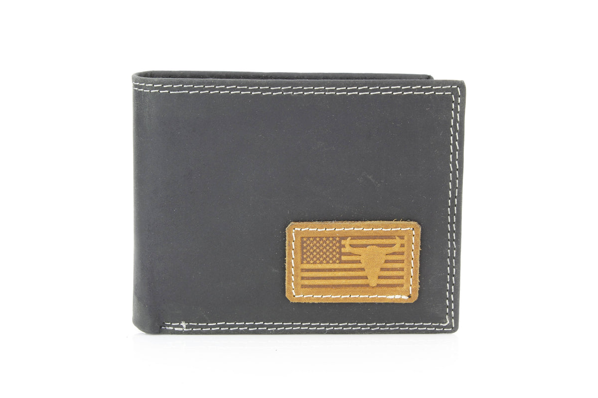 Leather Impressions Inc - Bi-Fold Wallet with Flag & Bison Skull ABMW 25-2008 - Black