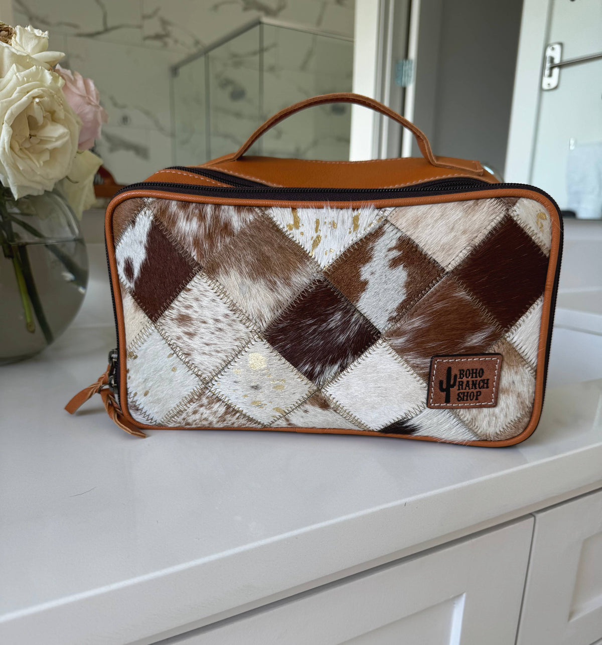 Boho Ranch Shop - MUA COWHIDE COSMETICS TRAVEL bag Genuine Leather makeup mua - TAN + WHITE COWHIDE