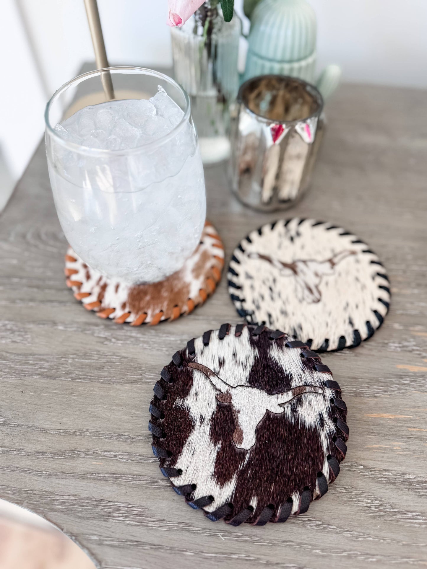 Boho Ranch Shop - Genuine Cowhide Leather Coasters P| Western Hair-On Hide - LONGHORN - BROWN/WHITE