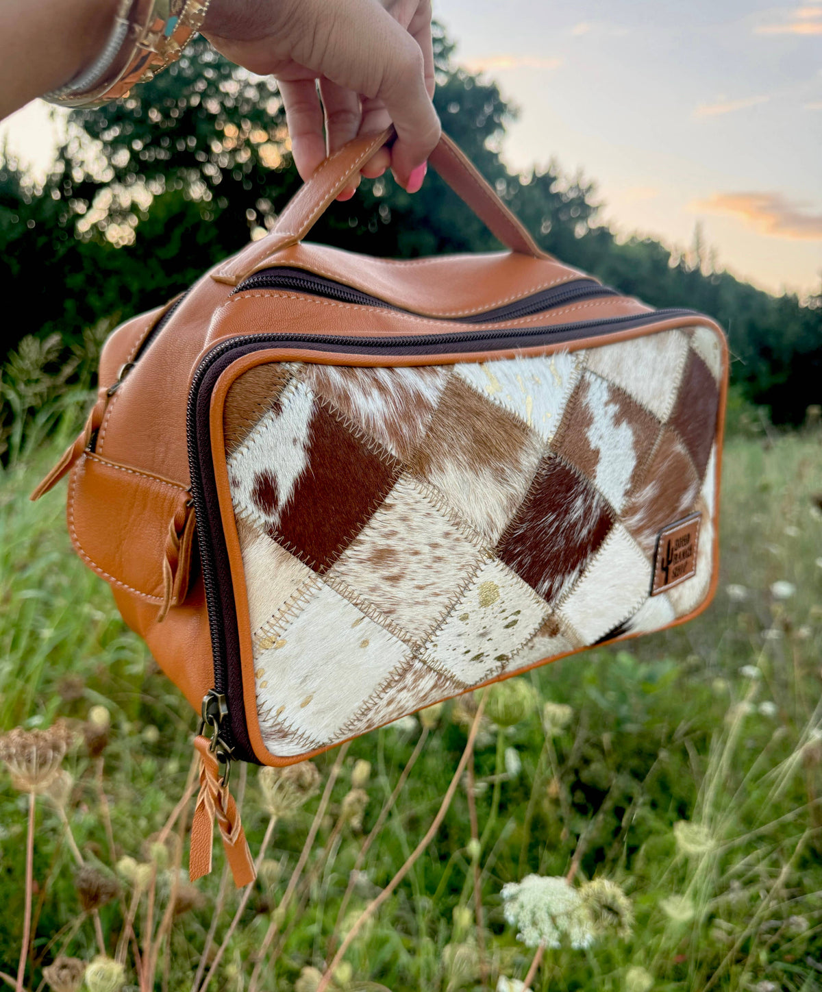 Boho Ranch Shop - MUA COWHIDE COSMETICS TRAVEL bag Genuine Leather makeup mua - TAN + WHITE COWHIDE