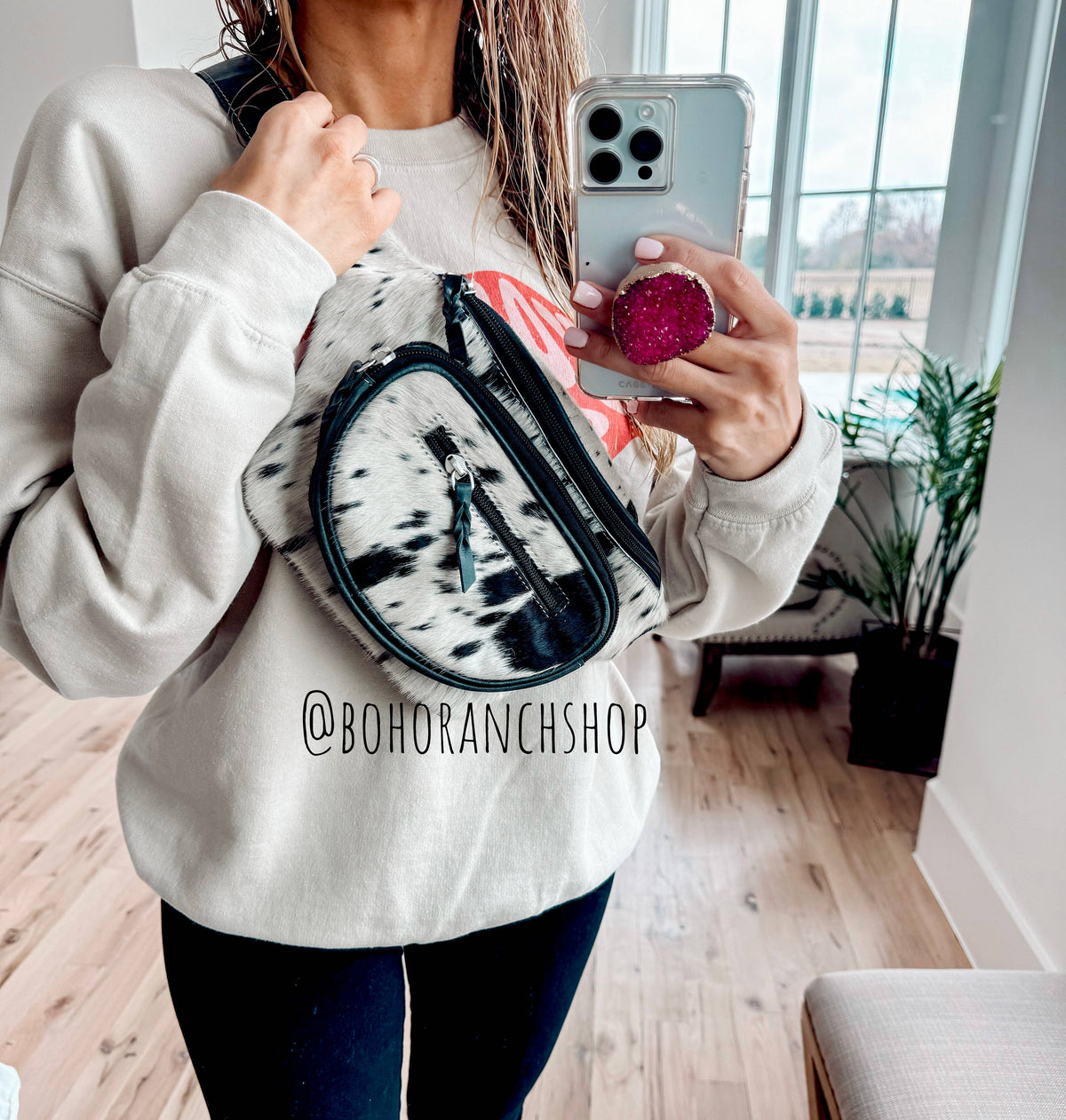 Boho Ranch Shop - Western Hairon Cowhide Fanny Pack - bum bag sling bag - Black + White Cowhde