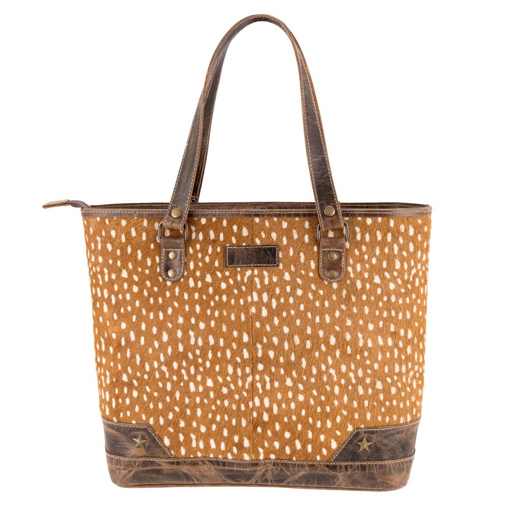 Deer Print Full Grain Leather & Cowhide Functional Tote Bag