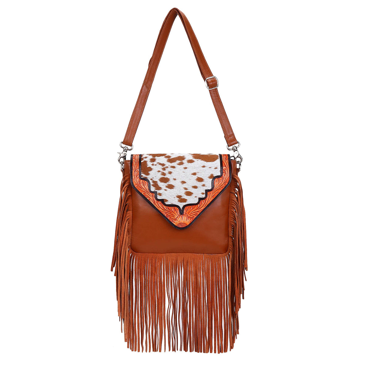 Leather Cowhide Western Hand Tooled Women Crossbody Bag - Tan Aztec with Turquoise Inlay