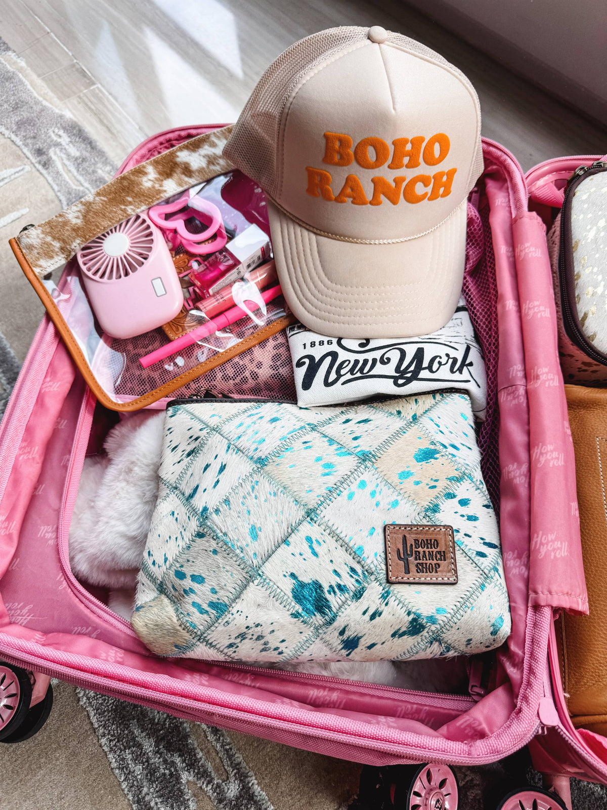 Boho Ranch Shop - Cowhide Clear Toiletry Makeup Bag, organizer Travel Pouch - BROWN + WHITE COWHIDE