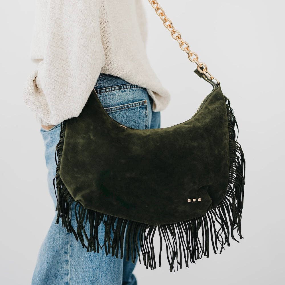 Pretty Simple - Loretta Suede Fringe Slouchy Bag - Black
