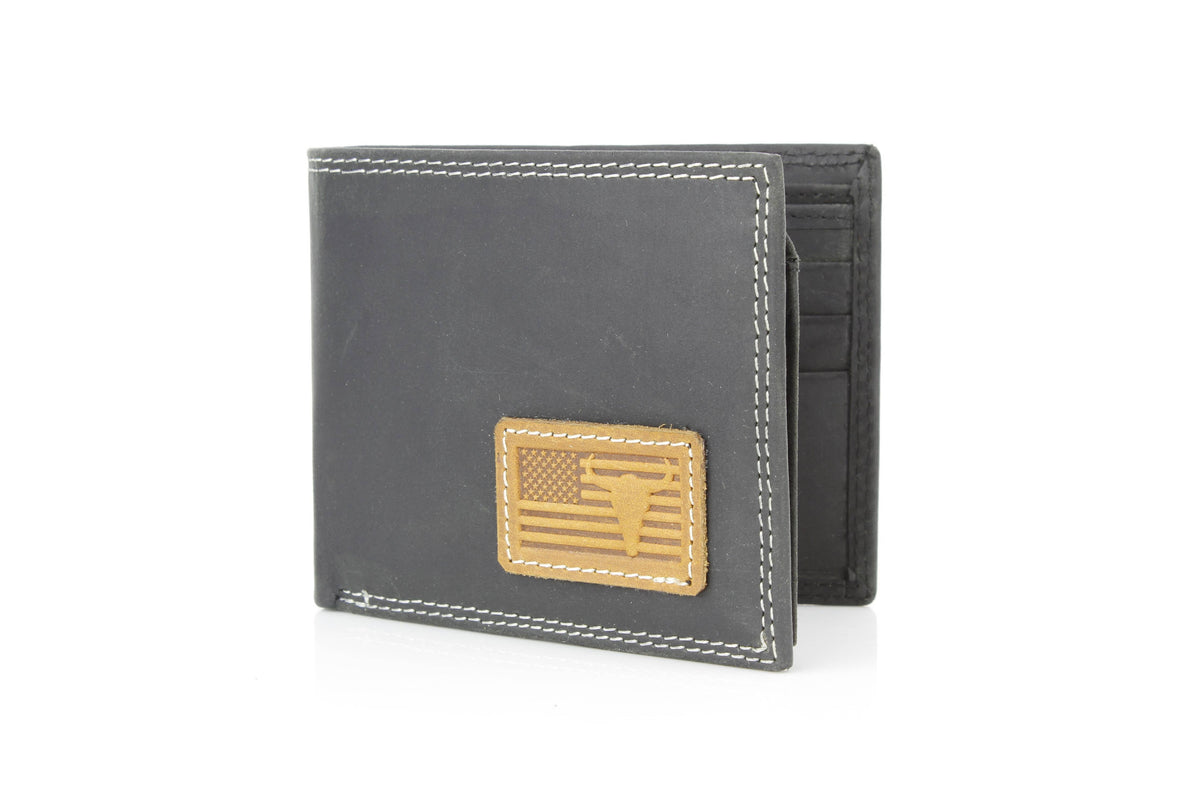 Leather Impressions Inc - Bi-Fold Wallet with Flag & Bison Skull ABMW 25-2008 - Black