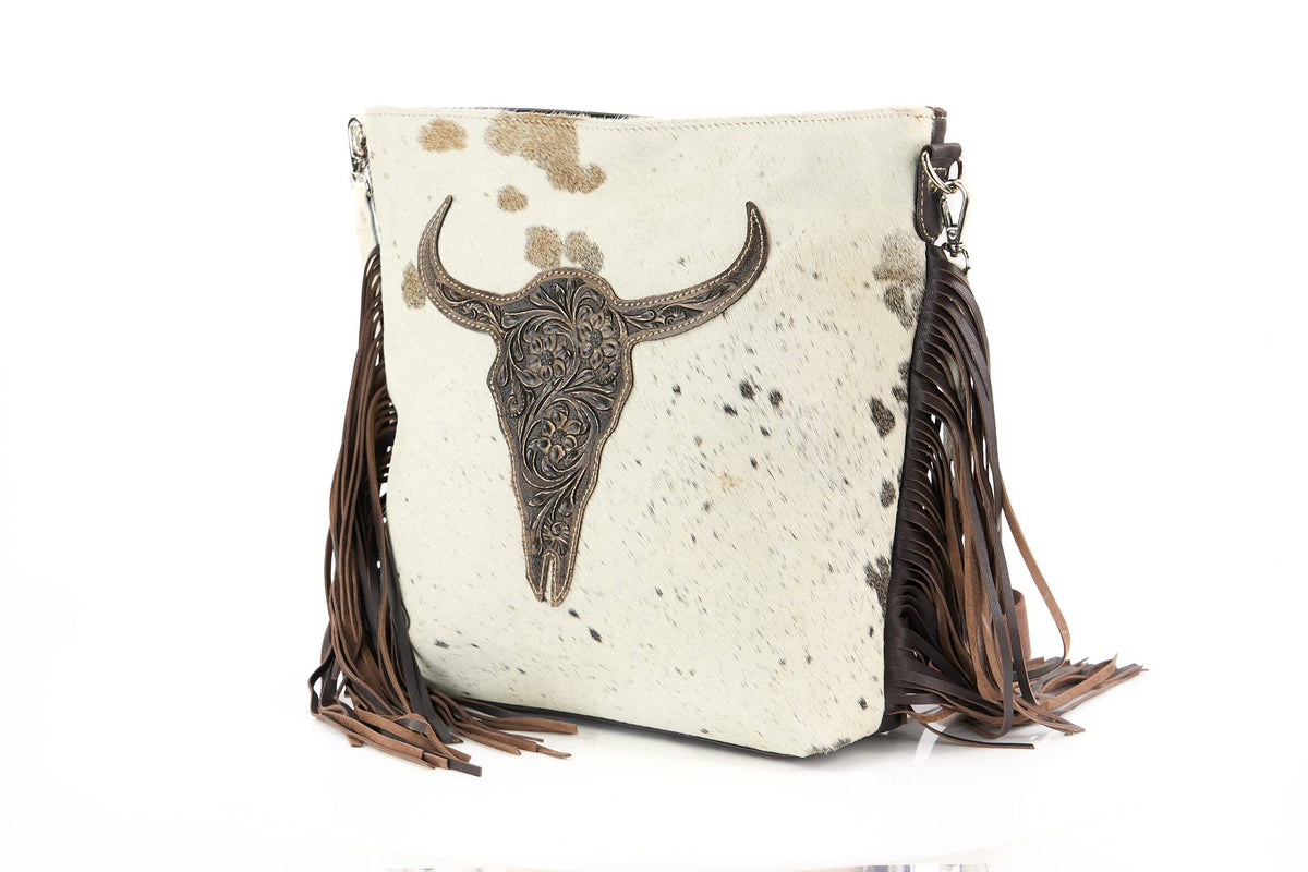 Hair on Hide Tote with Tooled Floral Bison Logo