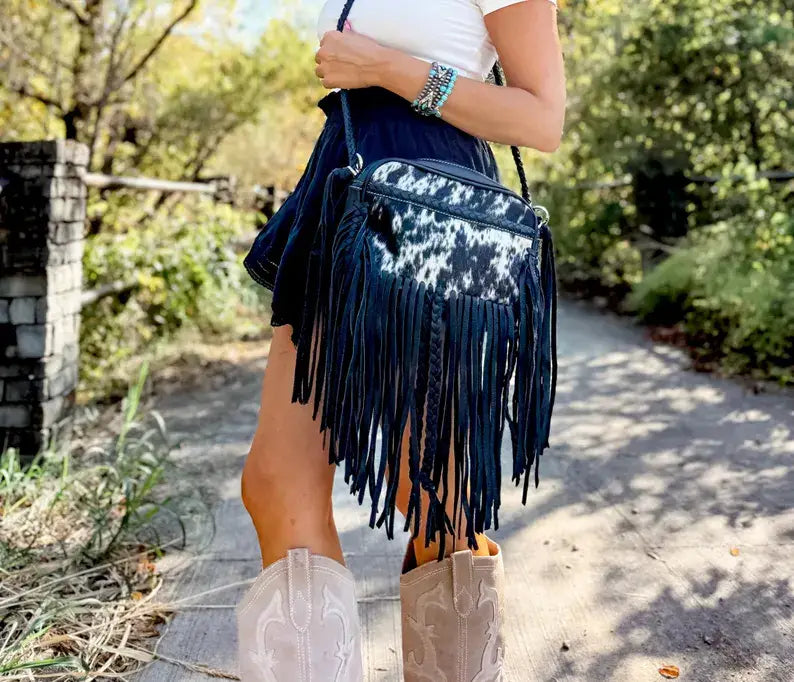 Boho Ranch Shop - THE MEGAN CROSSBODY cowhide Western Tooled Leather purse - TAN + WHITE COWHIDE