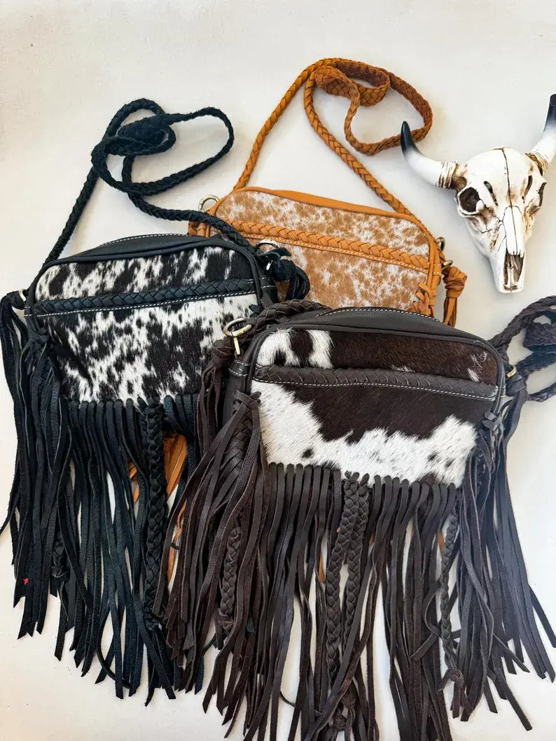 Boho Ranch Shop - THE MEGAN CROSSBODY cowhide Western Tooled Leather purse - TAN + WHITE COWHIDE