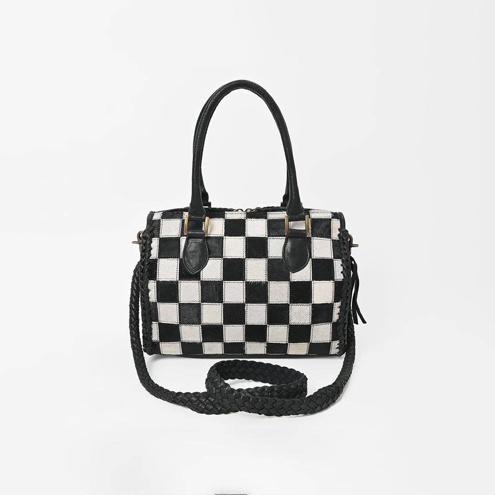 American Darling - Hair-On Hide Satchel Bag for Women Checkered Leather Handbag - ADBGM860A