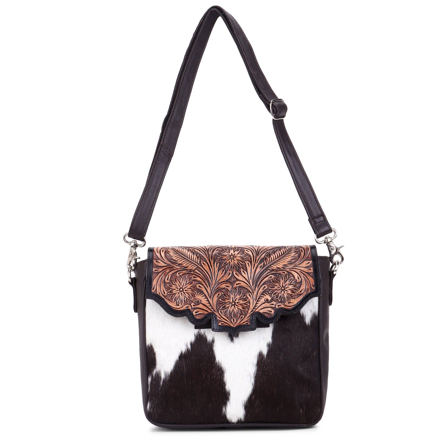 Leather Cowhide Western Hand Tooled Women Crossbody Bag - Tan Aztec with Turquoise Inlay