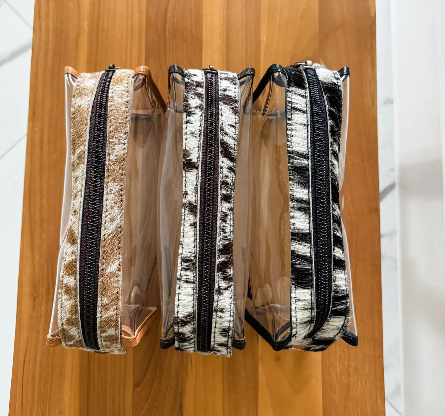Boho Ranch Shop - Cowhide Clear Toiletry Makeup Bag, organizer, Travel - BLACK + WHITE COWHIDE