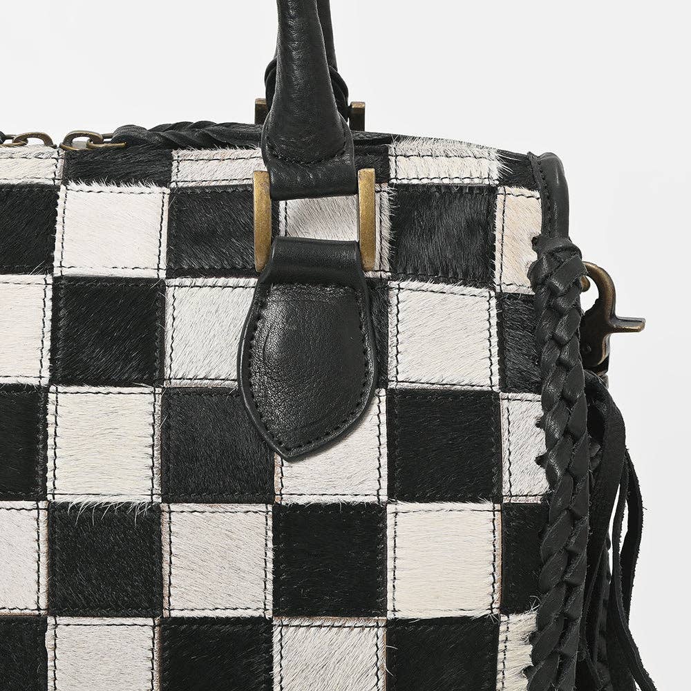 American Darling - Hair-On Hide Satchel Bag for Women Checkered Leather Handbag - ADBGM860A