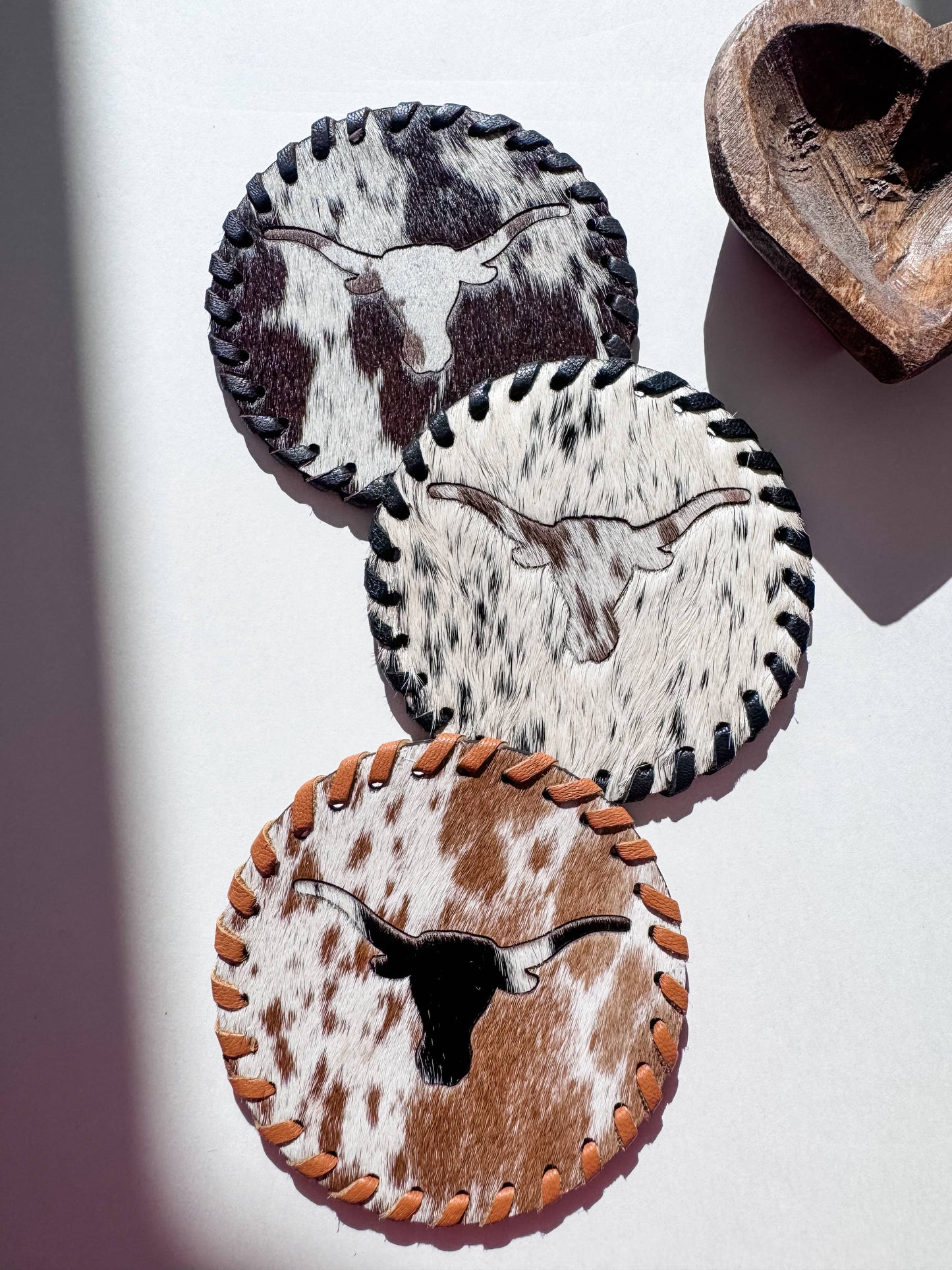 Boho Ranch Shop - Genuine Cowhide Leather Coasters P| Western Hair-On Hide - LONGHORN - BROWN/WHITE