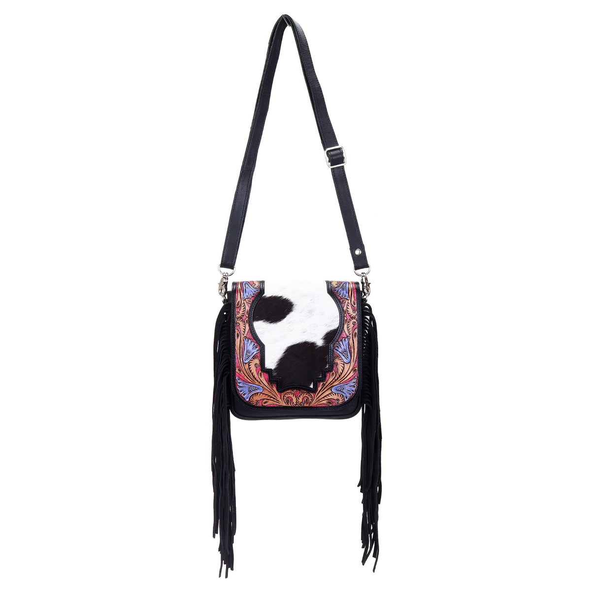 Sixtease Bags USA - Leather Cowhide Western Hand Tooled Women Small Crossbody - Black White Cowhide Inlay with Tan Floral Hand Tooled