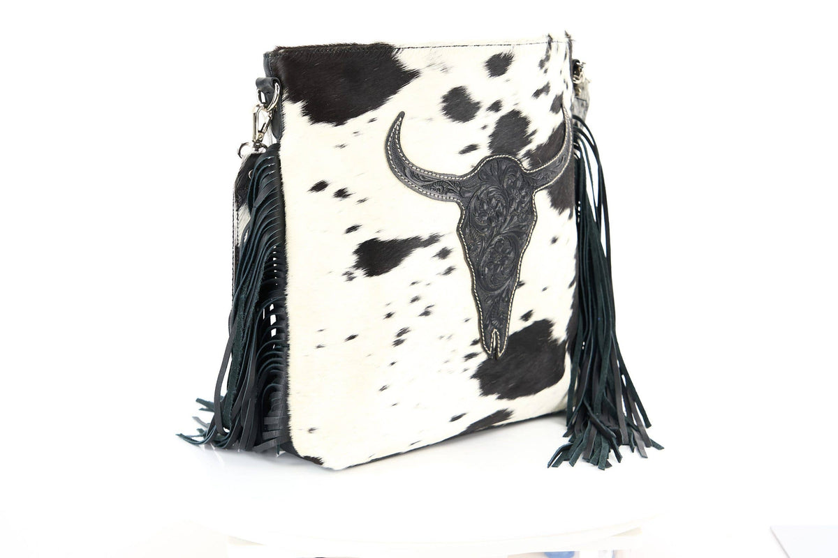 Hair on Hide Tote with Tooled Floral Bison Logo