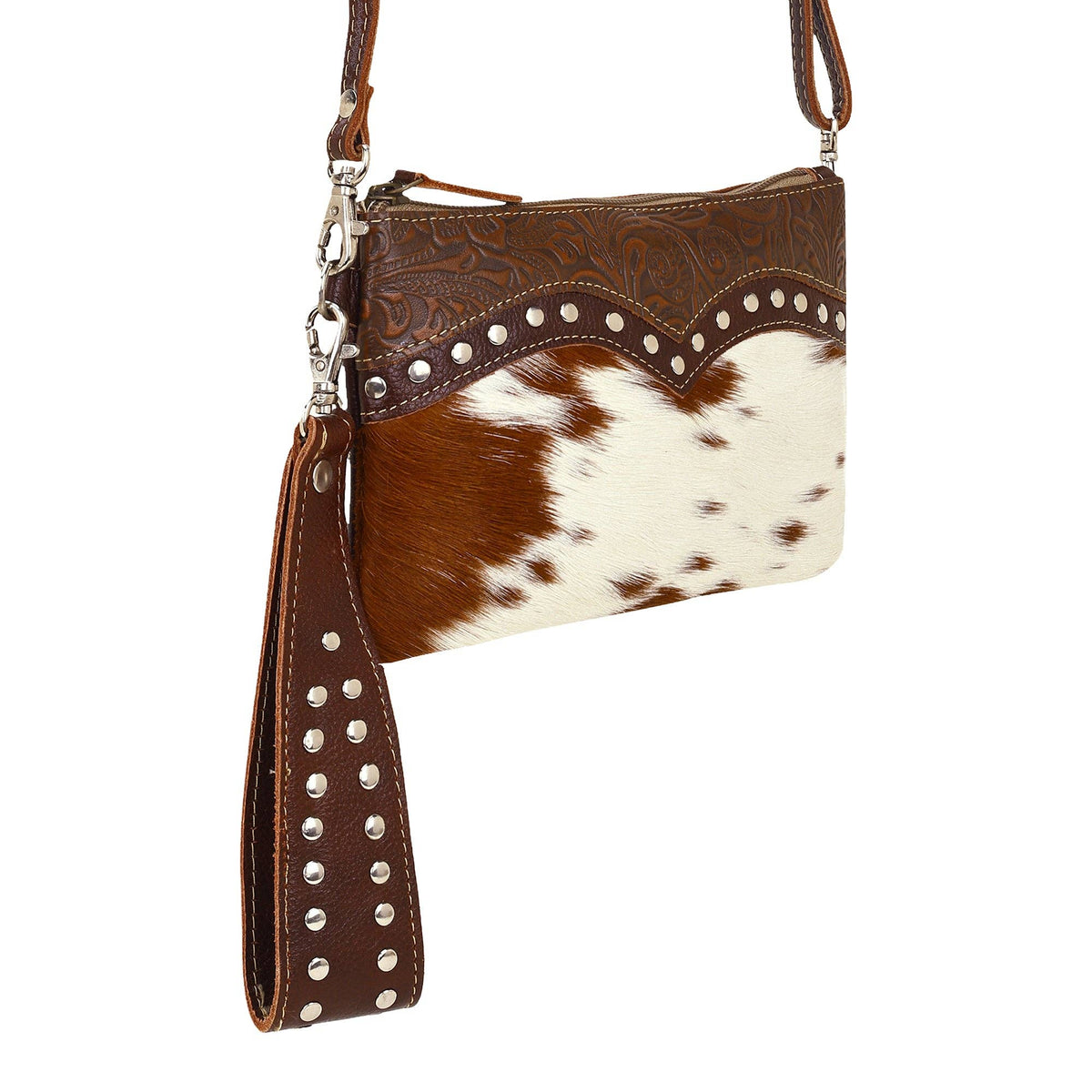 Myra Bag - Ocotillo Belt Bag for Women in brown with hair on cowhide and studs - Brown