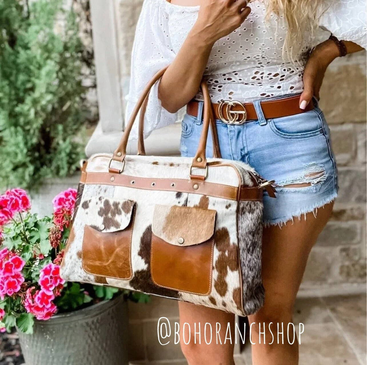 Boho Ranch Shop - Weekender Duffle Leather Hair On Cowhide Duffel Travel Bag - Brown +White Cowhide