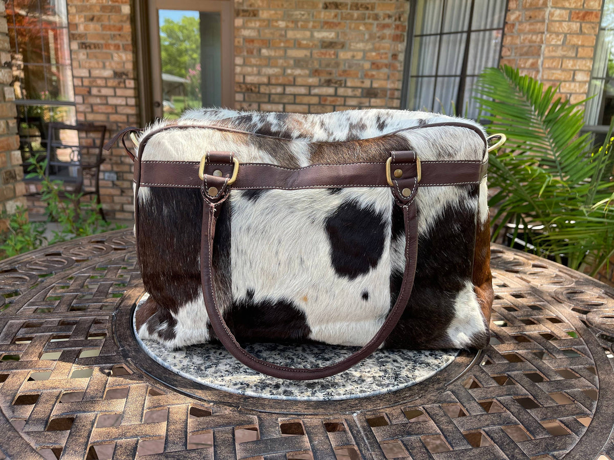 Boho Ranch Shop - Weekender Duffle Leather Hair On Cowhide Duffel Travel Bag - Brown +White Cowhide
