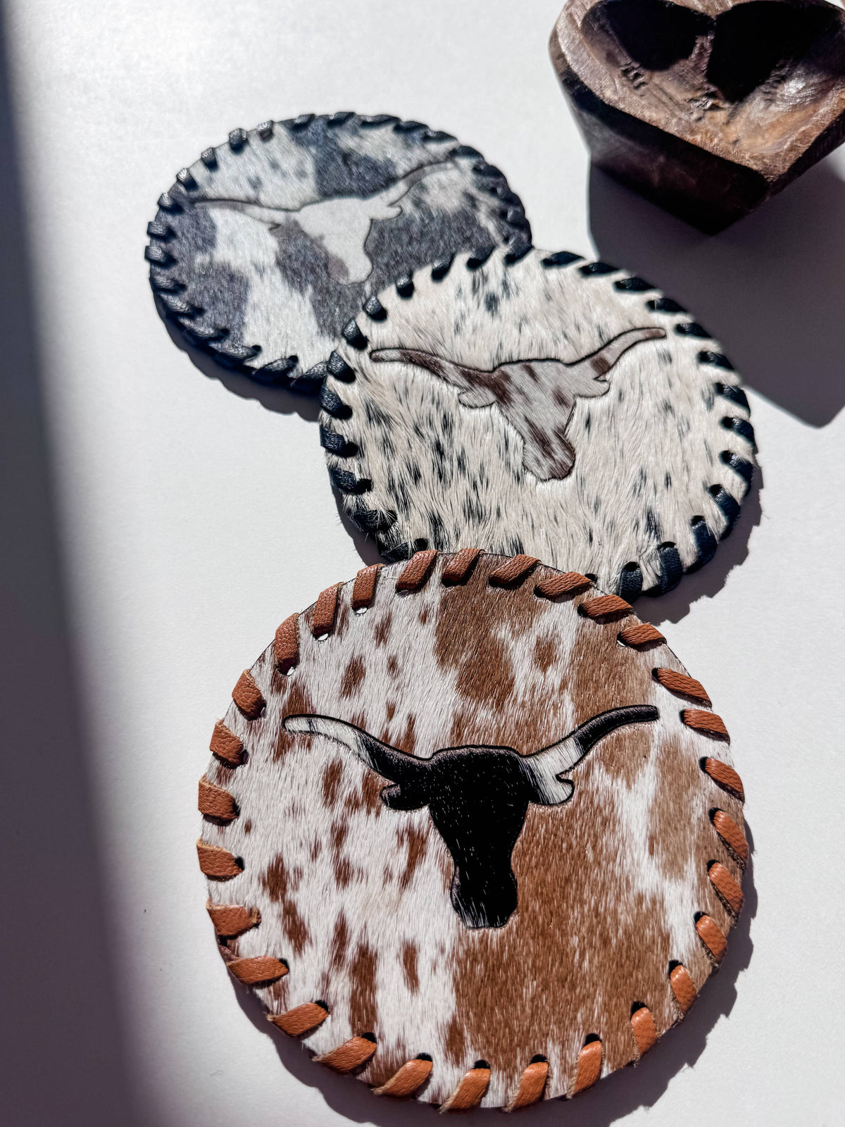Boho Ranch Shop - Genuine Cowhide Leather Coasters P| Western Hair-On Hide - LONGHORN - BROWN/WHITE