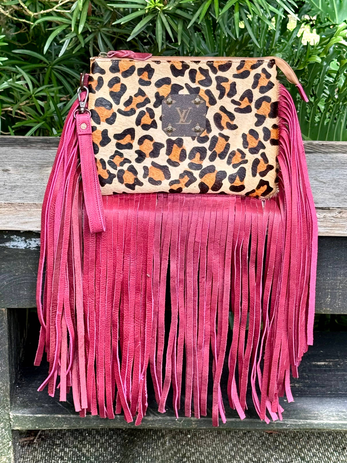 Southern Junkie Gypsy Boutique - Upcycled LV Leopard Print Cowhide Leather Fringe Wristlet 