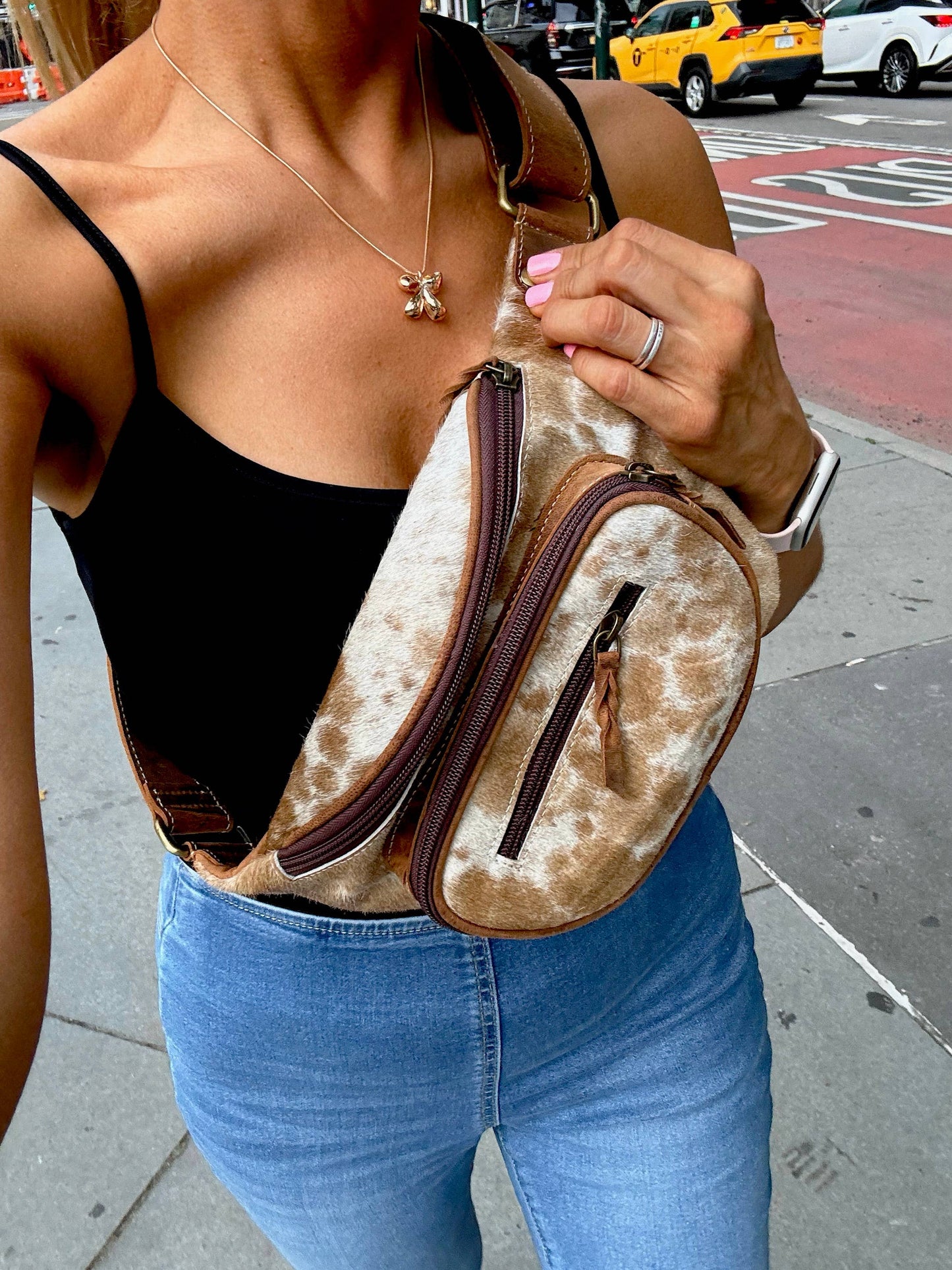 Boho Ranch Shop - Western Hairon Cowhide Fanny Pack - bum bag sling bag - Black + White Cowhde