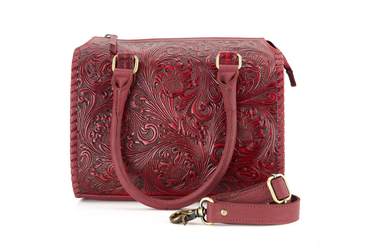 Leather Impressions Inc - Red Tooled Leather Barrel Bag – ABHB 18-26113