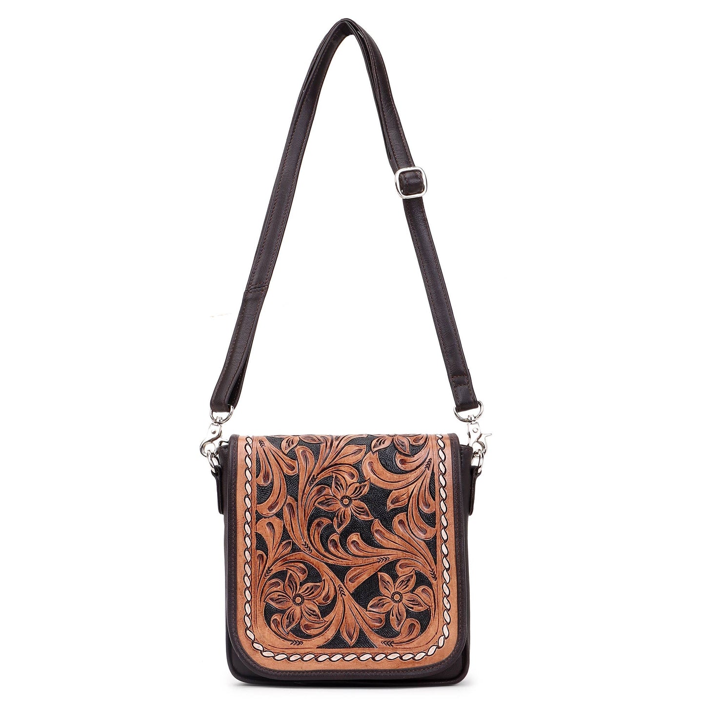Sixtease Bags USA - Leather Cowhide Western Hand Tooled Women Small Crossbody - Black White Cowhide Inlay with Tan Floral Hand Tooled