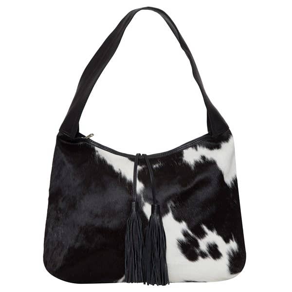 Cowhide Tote Bag with Tassel -Tan & White