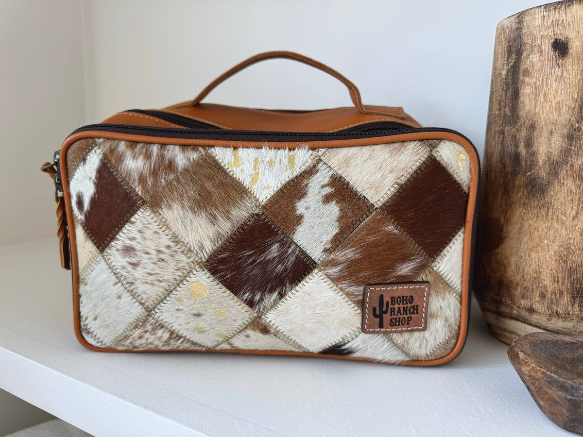 Boho Ranch Shop - MUA COWHIDE COSMETICS TRAVEL bag Genuine Leather makeup mua - TAN + WHITE COWHIDE