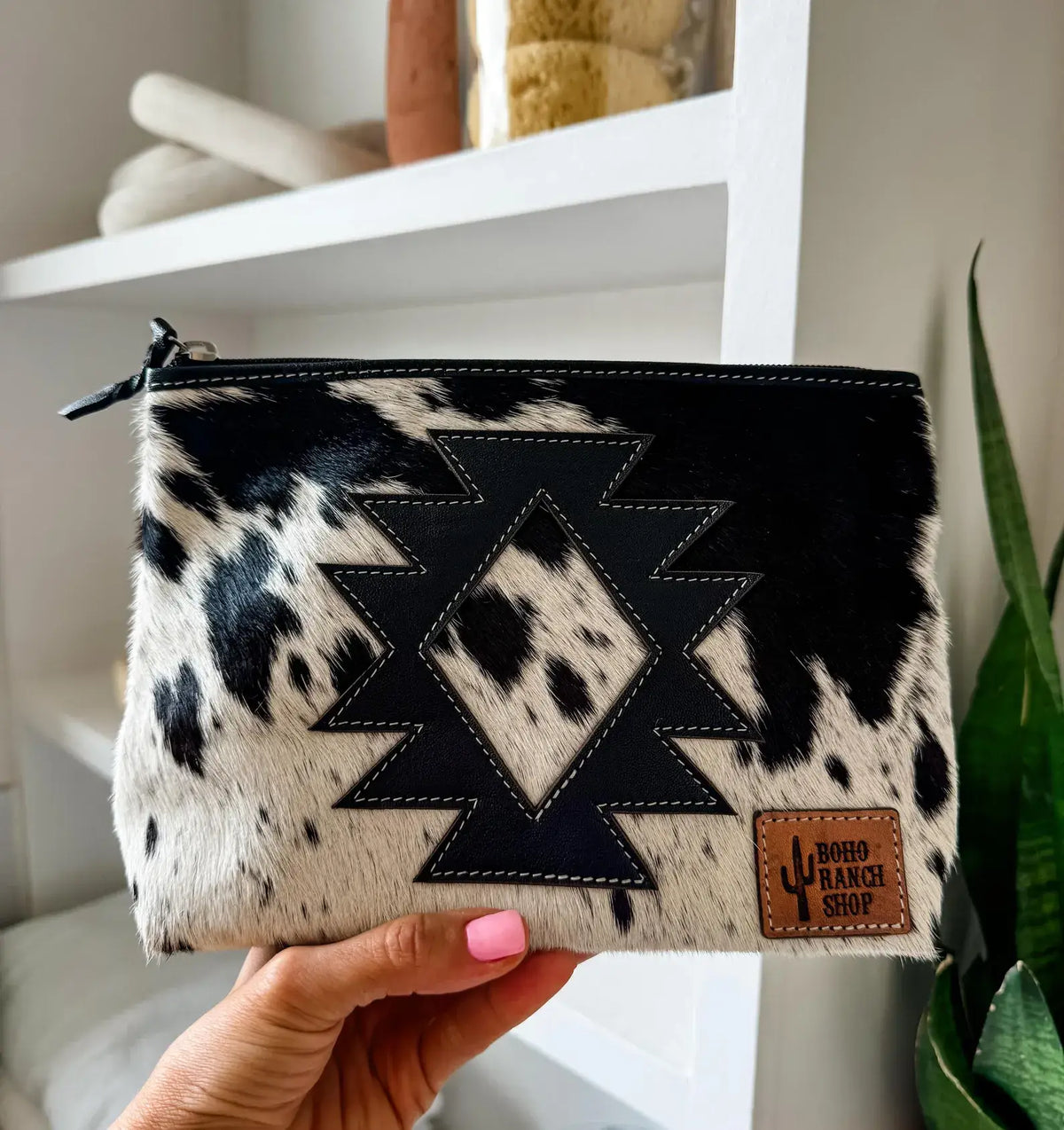Boho Ranch Shop - COWHIDE AZTEC  MAKEUP bag Genuine Hair On travel - Black Leather