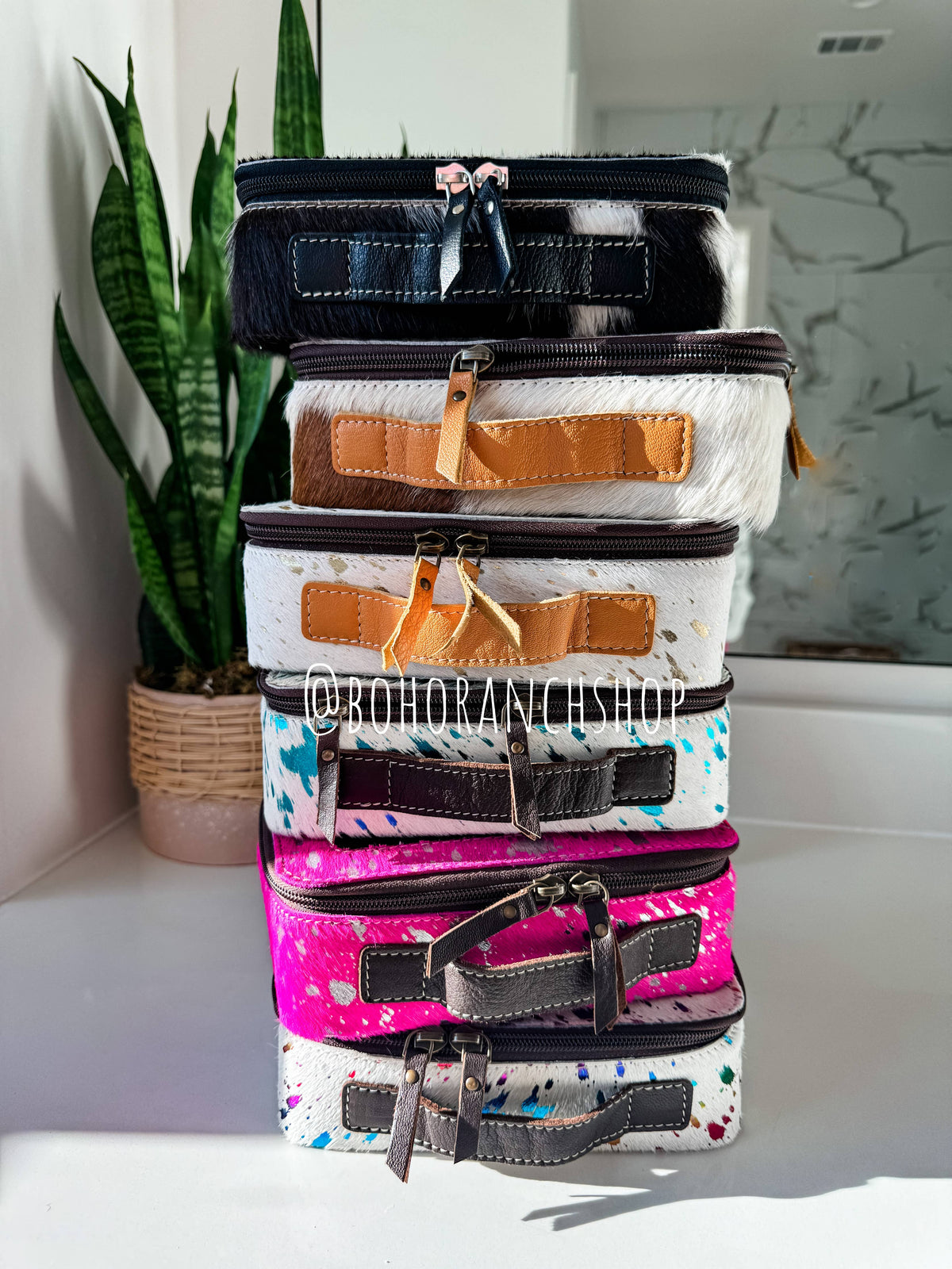 Boho Ranch Shop - Cowhide Cosmetic Case - Toiletry Makeup Travel Bag - BLACK + WHITE