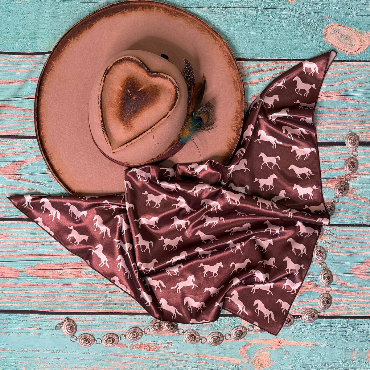 Avery - AVS-6906 HORSES PRINT SILK SQUARE WILD RAG 28X28 - Brown/Ivory