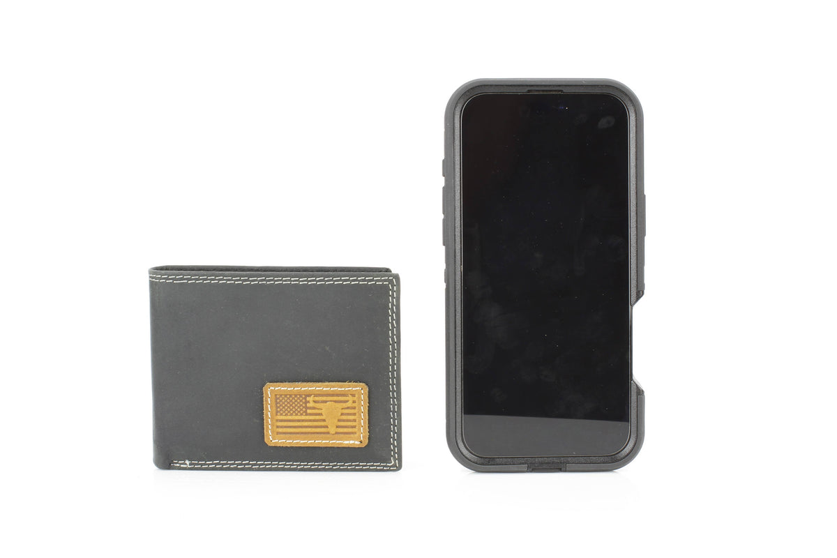 Leather Impressions Inc - Bi-Fold Wallet with Flag & Bison Skull ABMW 25-2008 - Black