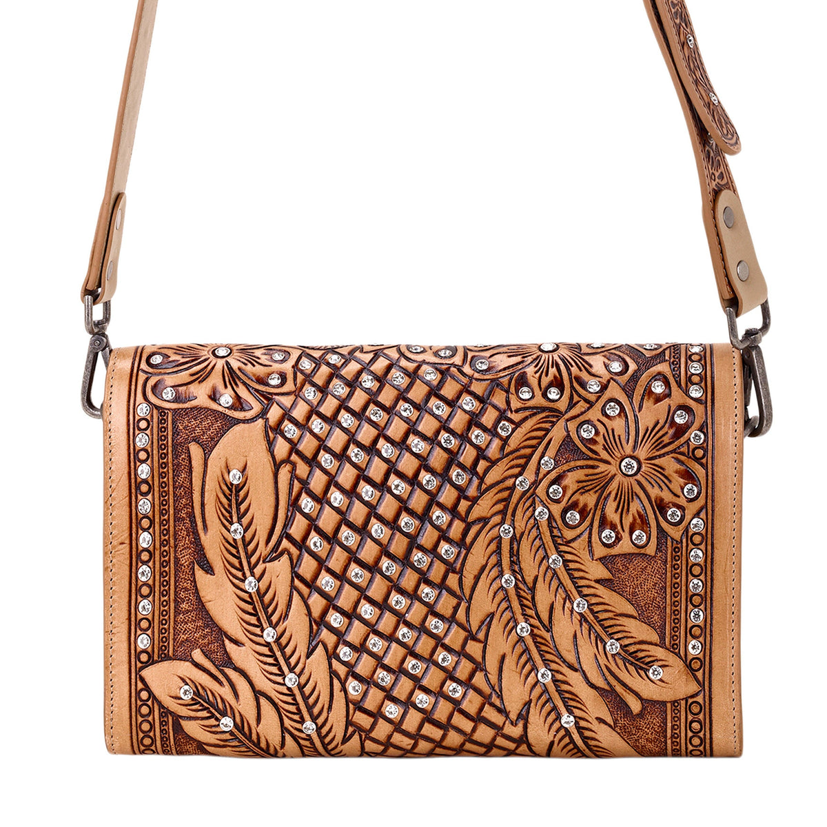 Myra Bag - Circe Hand Tooled Bag for Women in tan with rhinestones - Tan