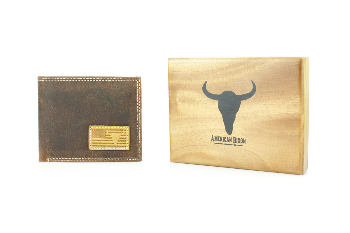 Leather Impressions Inc - Bi-Fold Wallet with Flag & Bison Skull ABMW 25-2008 - Black