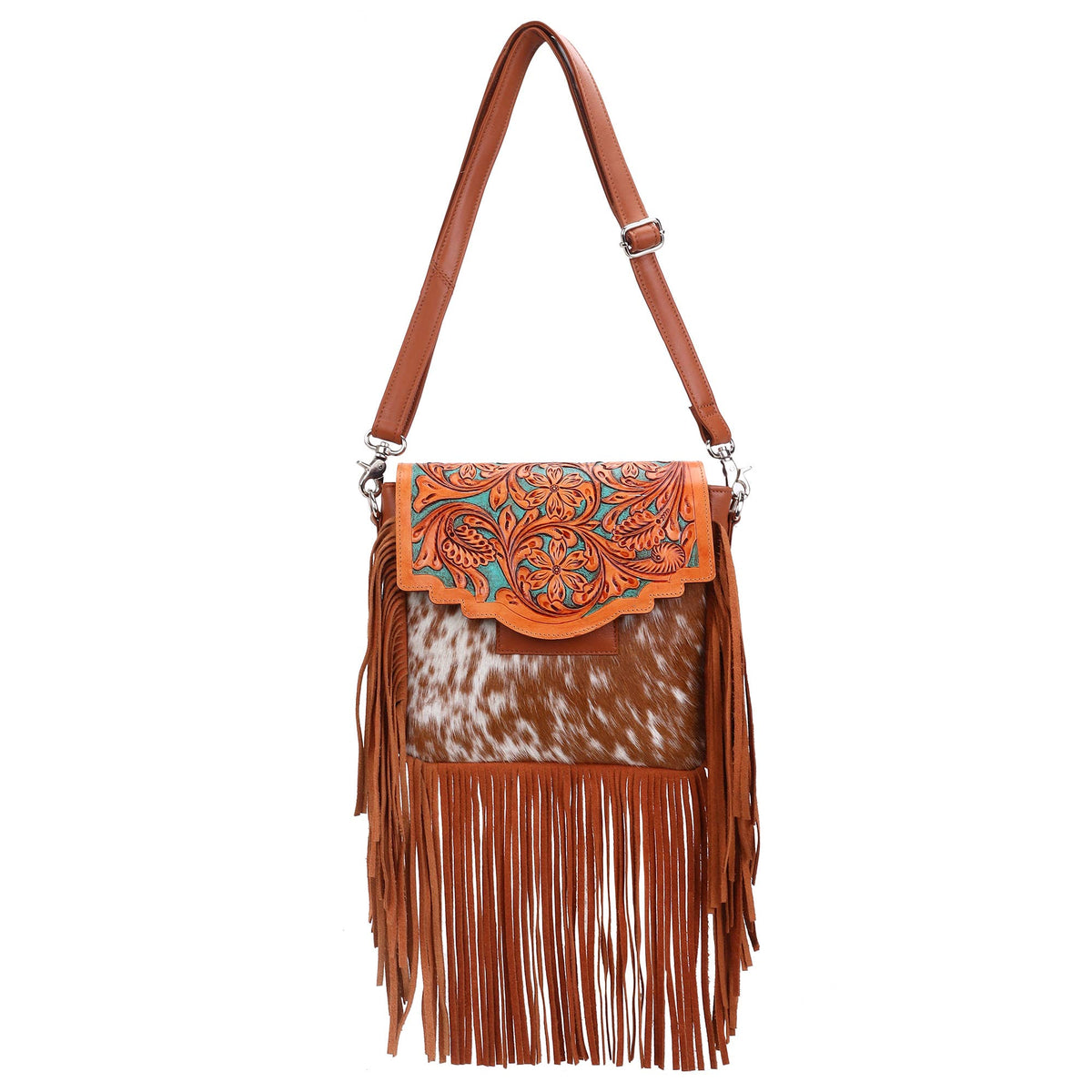 Leather Cowhide Western Hand Tooled Women Crossbody Bag - Tan Aztec with Turquoise Inlay