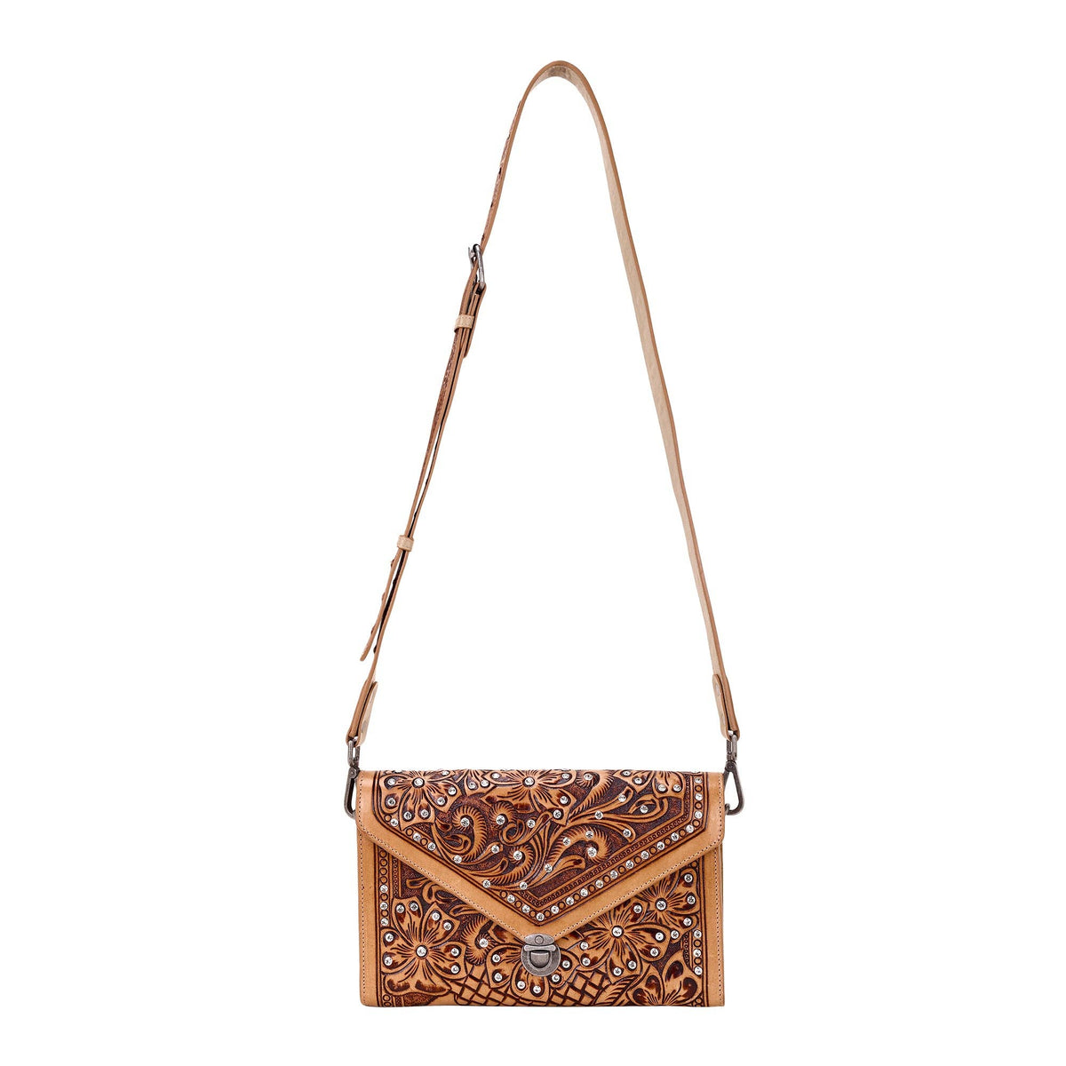 Myra Bag - Circe Hand Tooled Bag for Women in tan with rhinestones - Tan