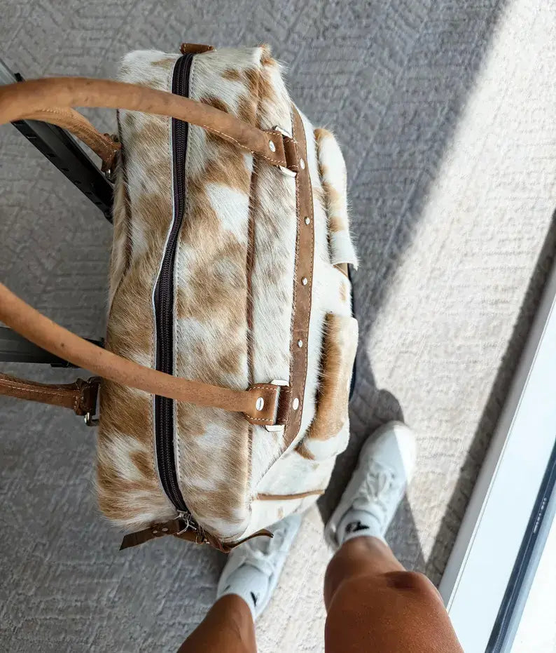 Boho Ranch Shop - Weekender Duffle Leather Hair On Cowhide Duffel Travel Bag - Brown +White Cowhide