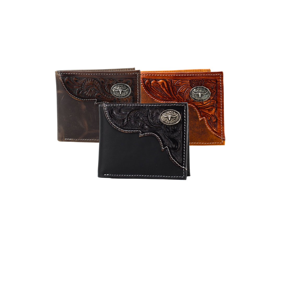 Leather Impressions Inc -  Oil Pull Up Bifold Wallet Long Horn Concho ABW028LGNHRN - Brown