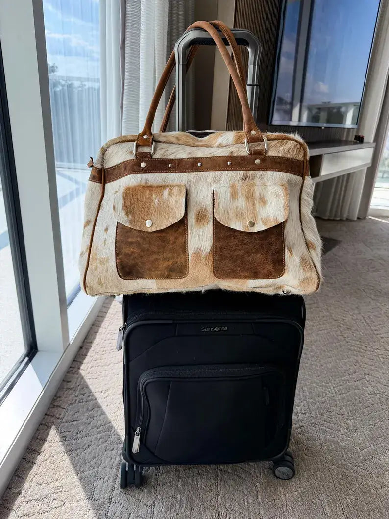 Boho Ranch Shop - Weekender Duffle Leather Hair On Cowhide Duffel Travel Bag - Brown +White Cowhide