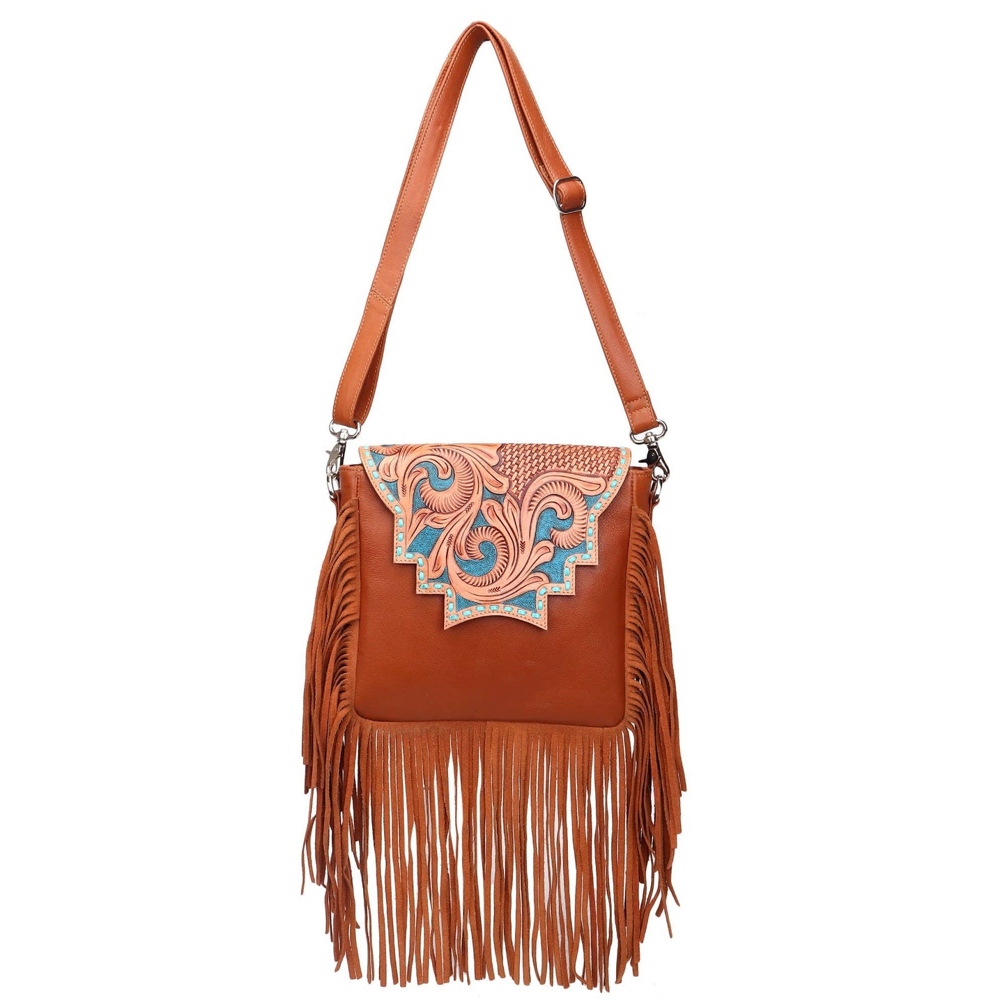 Leather Cowhide Western Hand Tooled Women Crossbody Bag - Tan Aztec with Turquoise Inlay