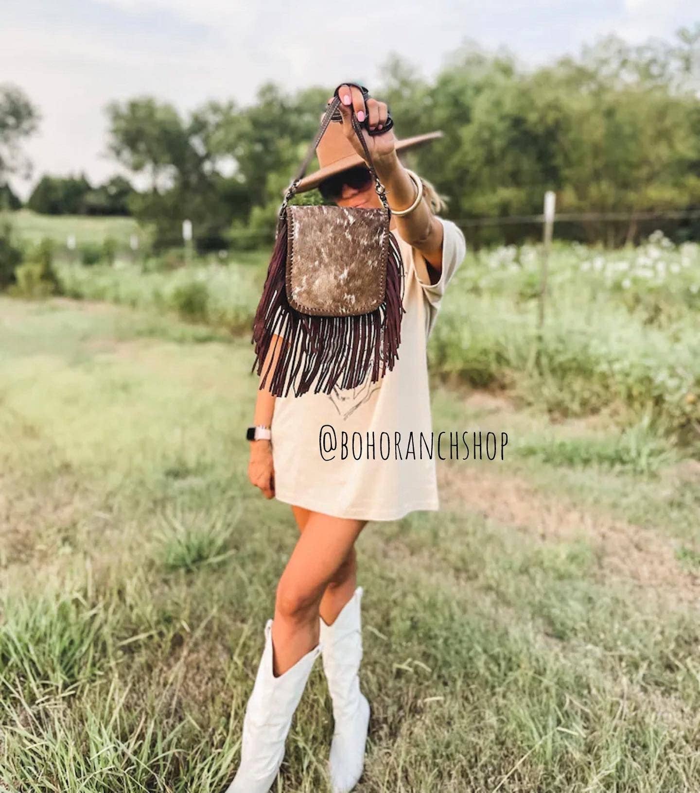 Boho Ranch Shop - The Kylie Crossbody - Genuine Hairon Cowhide - WHITE + GOLD SPECS