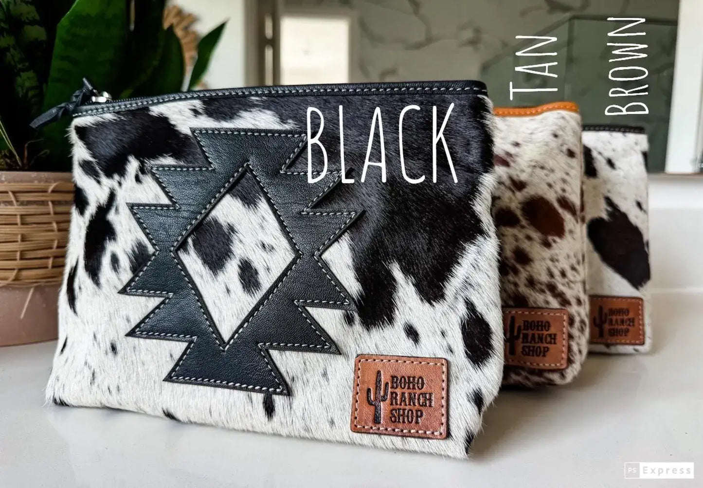 Boho Ranch Shop - COWHIDE AZTEC  MAKEUP bag Genuine Hair On travel - Black Leather