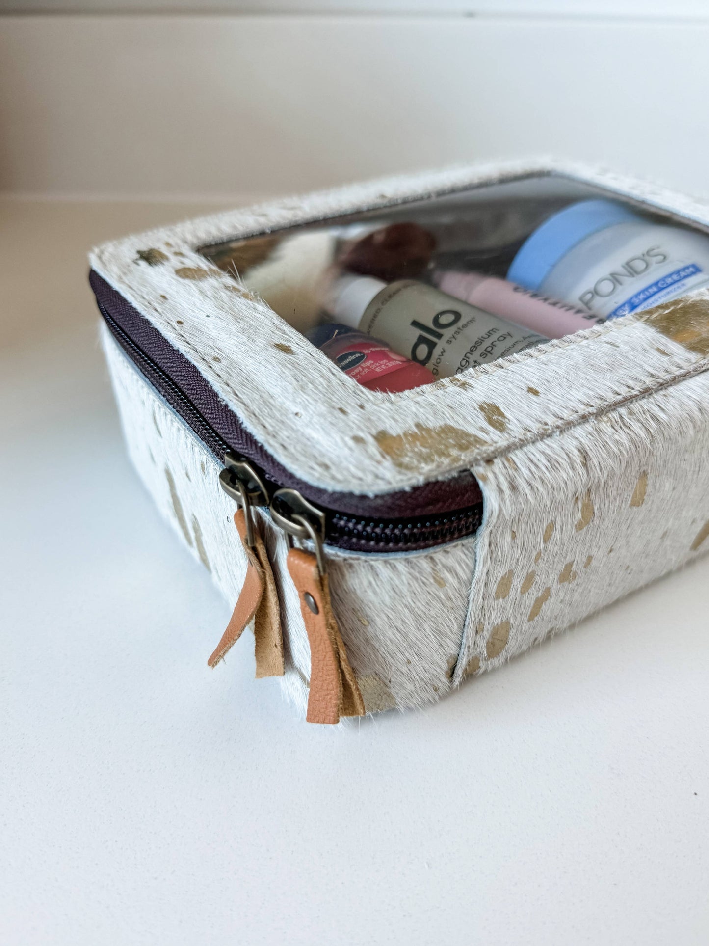 Boho Ranch Shop - Cowhide Cosmetic Case - Toiletry Makeup Travel Bag - BLACK + WHITE