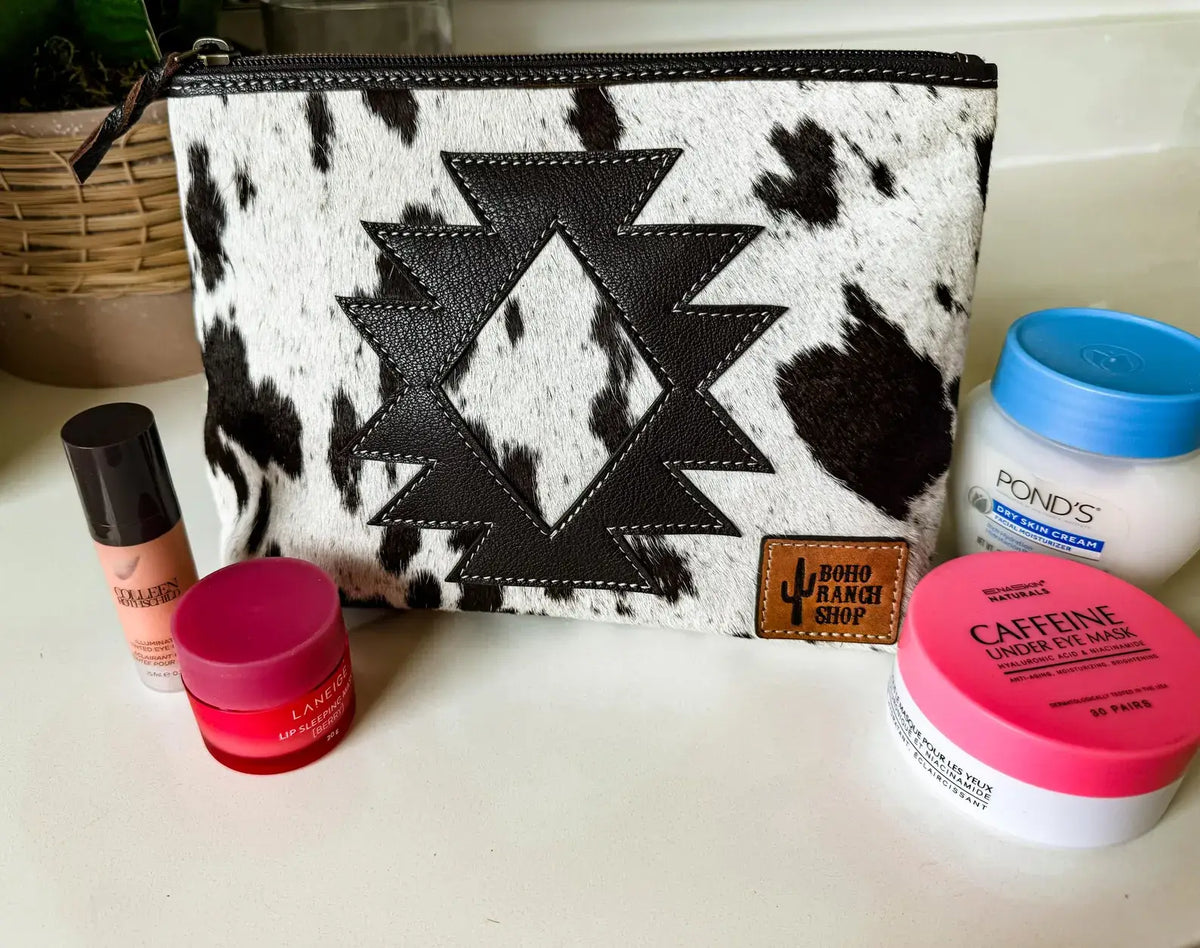 Boho Ranch Shop - COWHIDE AZTEC  MAKEUP bag Genuine Hair On travel - Black Leather