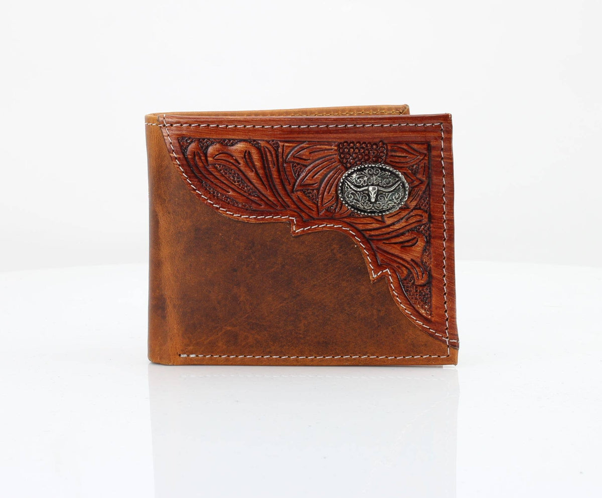 Leather Impressions Inc -  Oil Pull Up Bifold Wallet Long Horn Concho ABW028LGNHRN - Brown