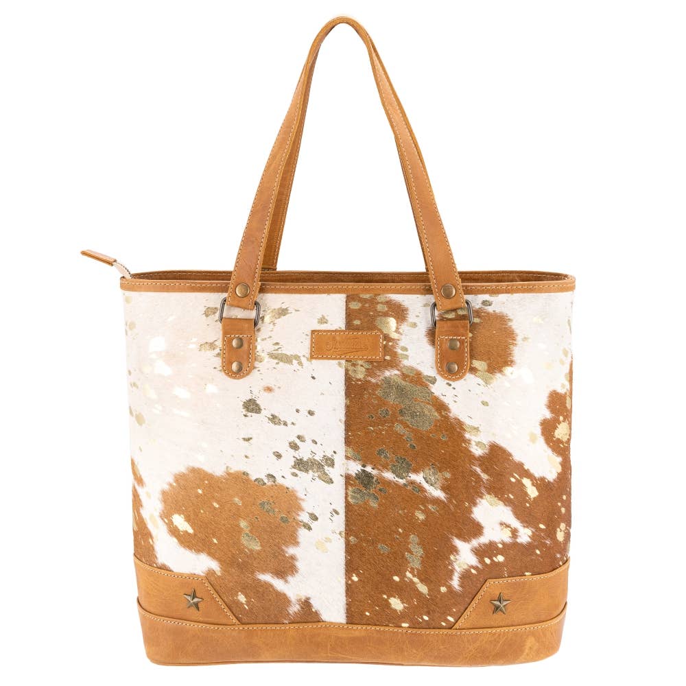 Sixtease Bags USA - Full Grain Leather & Acid Wash Cowhide Tote Bag - Women's - Tan/Gold